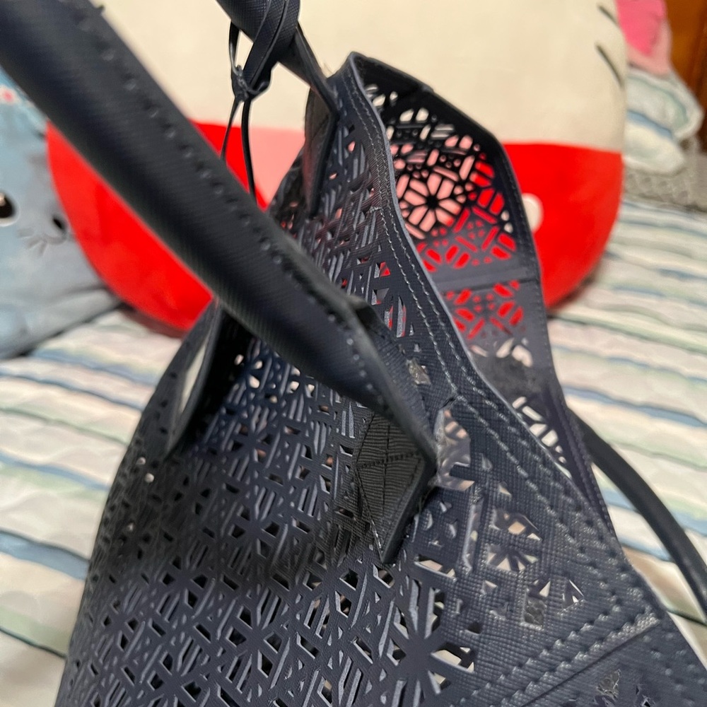 TORY BURCH EUC Dark Blue Perforated Tote - Picture 5 of 10